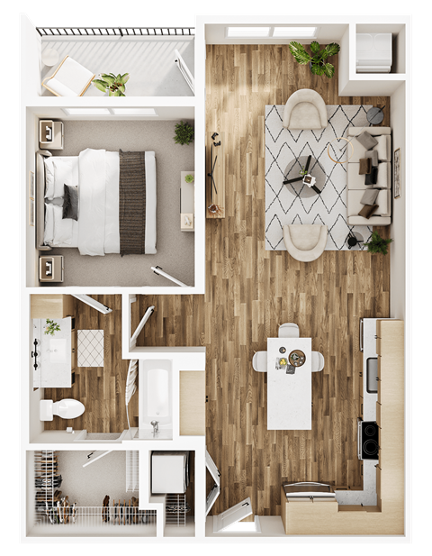 Floor plan for 1 bed, 1 bath, 726 sqft